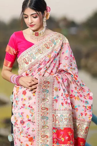 Cream floral woven design zari pashmina banarasi saree