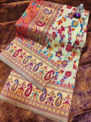Cream floral woven design zari pashmina banarasi saree 4