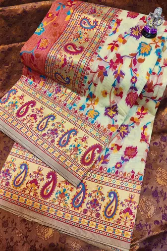Cream floral woven design zari pashmina banarasi saree