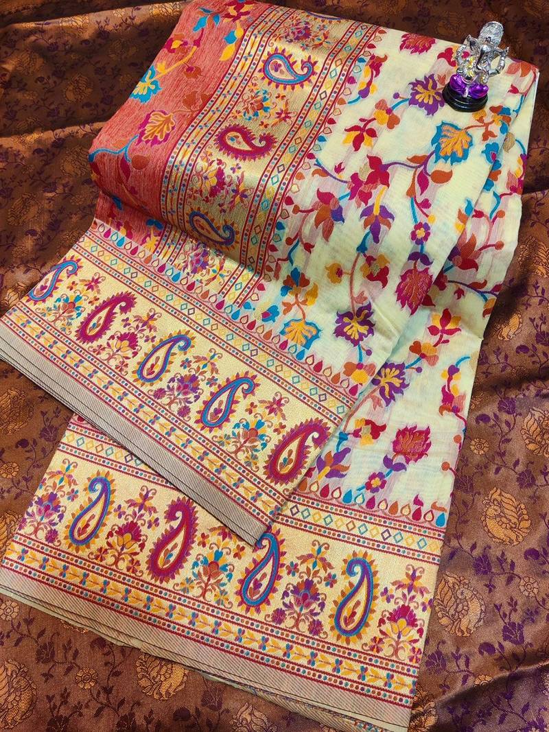 Cream floral woven design zari pashmina banarasi saree