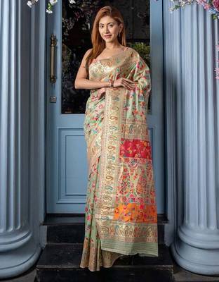 Green floral printed zari art silk kanjeevaram saree 1