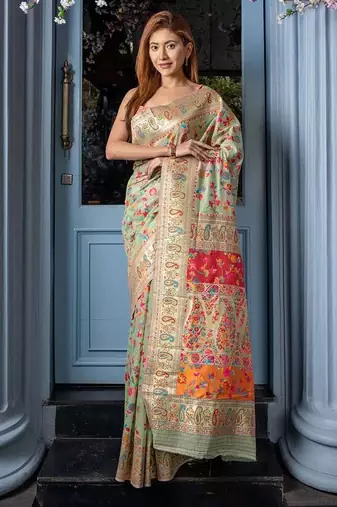 Green floral printed zari art silk kanjeevaram saree