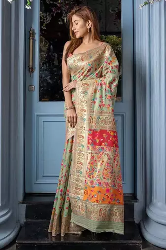 Green floral printed zari art silk kanjeevaram saree