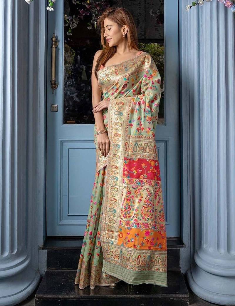 Green floral printed zari art silk kanjeevaram saree