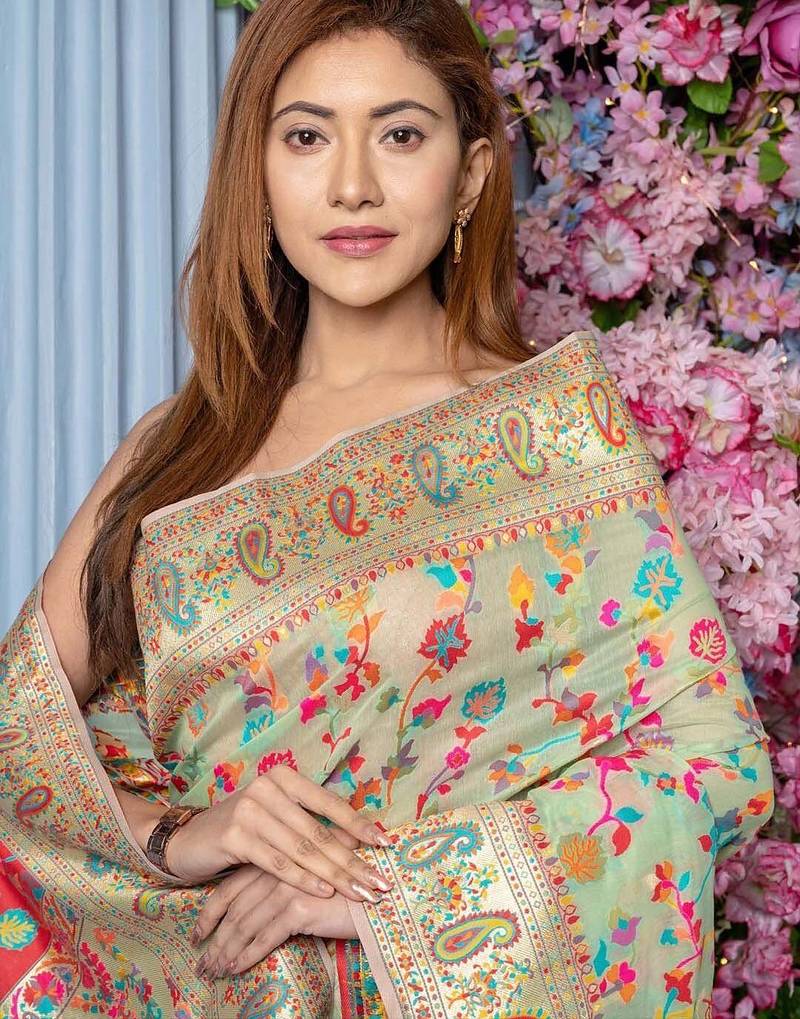 Green floral printed zari art silk kanjeevaram saree