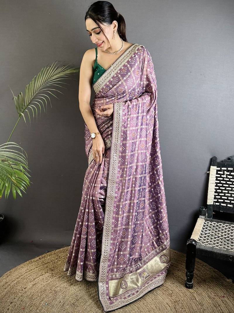 Purple woven design zari silk blend designer bandhani saree