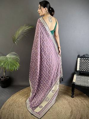 Purple woven design zari silk blend designer bandhani saree 3