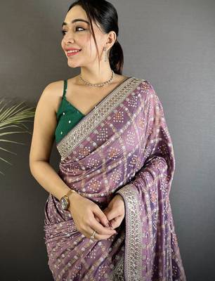Purple woven design zari silk blend designer bandhani saree 4