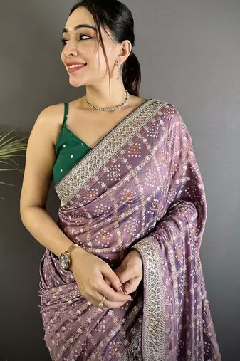 Purple woven design zari silk blend designer bandhani saree