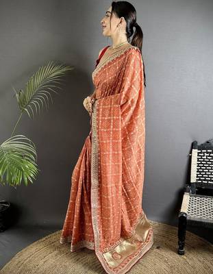 Orange woven design zari silk blend heavy work bandhani saree 2