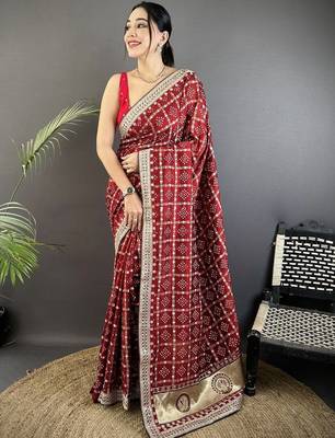 Red bandhani embroidered silk blend designer bandhani saree 1