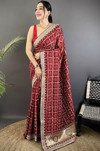 Red bandhani embroidered silk blend designer bandhani saree
