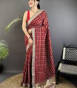 Red bandhani embroidered silk blend designer bandhani saree