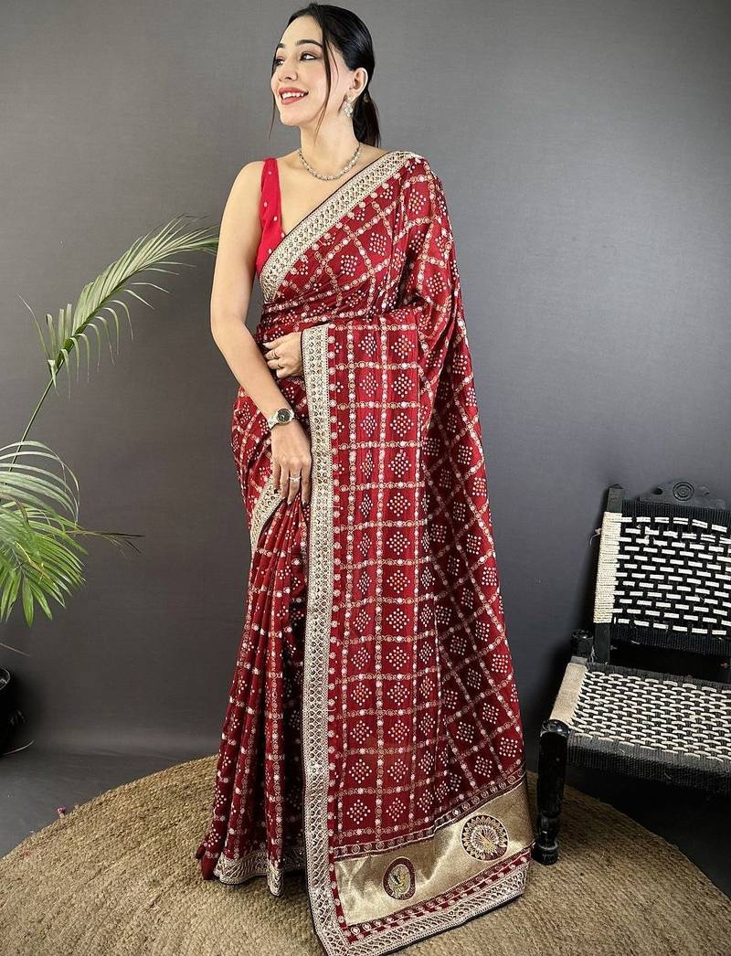 Red bandhani embroidered silk blend designer bandhani saree