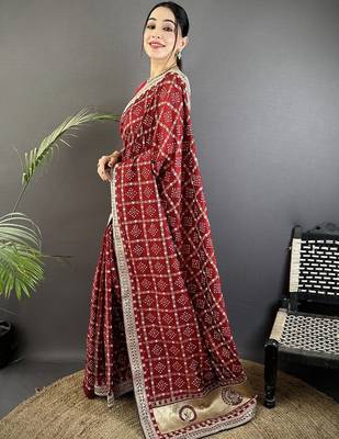 Red bandhani embroidered silk blend designer bandhani saree 2