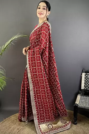 Red bandhani embroidered silk blend designer bandhani saree