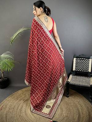 Red bandhani embroidered silk blend designer bandhani saree 3