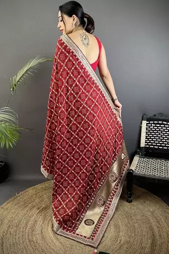 Red bandhani embroidered silk blend designer bandhani saree