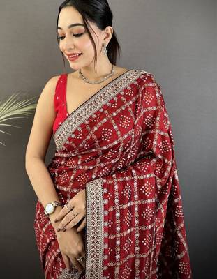 Red bandhani embroidered silk blend designer bandhani saree 4