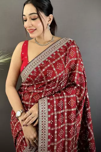 Red bandhani embroidered silk blend designer bandhani saree