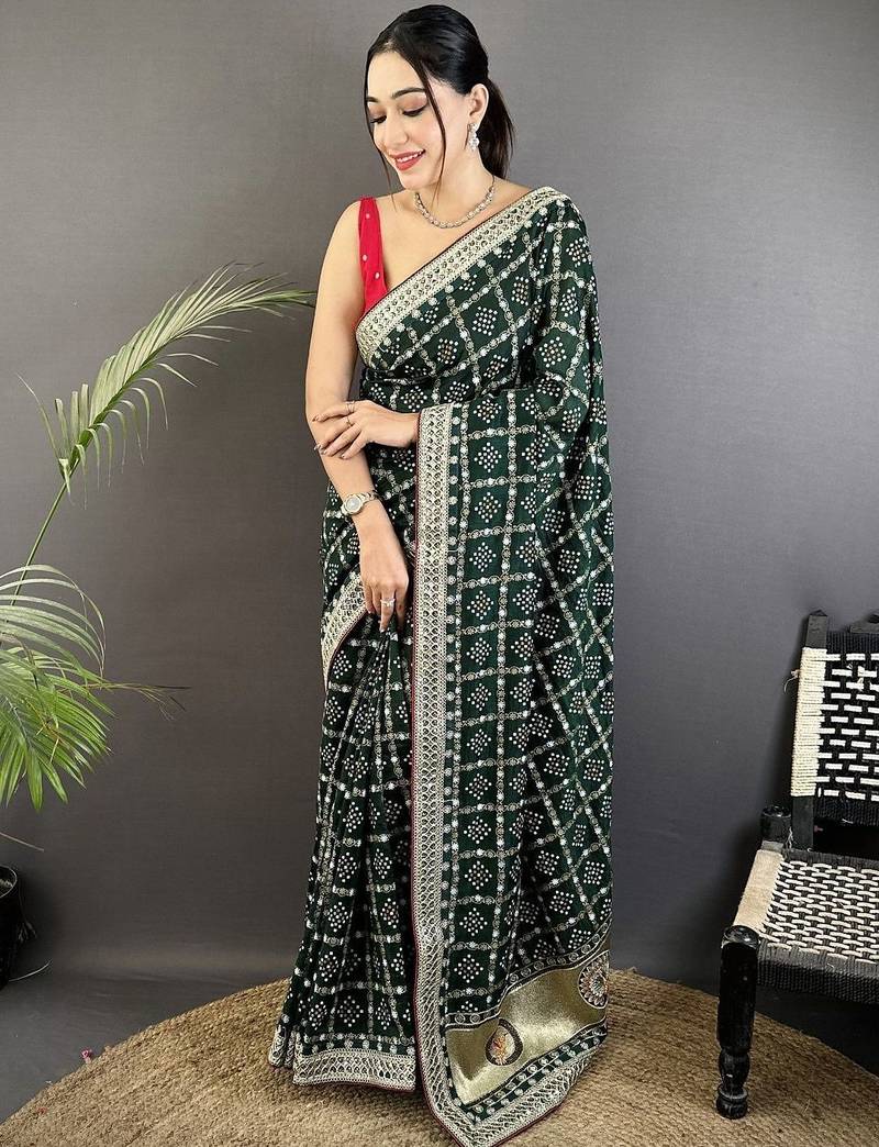 Green bandhani embroidered silk blend heavy work bandhani saree