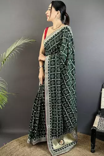 Green bandhani embroidered silk blend heavy work bandhani saree