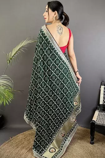 Green bandhani embroidered silk blend heavy work bandhani saree