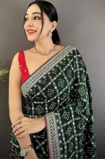 Green bandhani embroidered silk blend heavy work bandhani saree