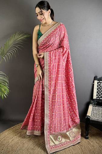 Pink bandhani zari silk blend handloom bandhani saree