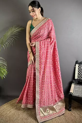 Pink bandhani zari silk blend handloom bandhani saree