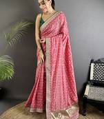 Pink bandhani zari silk blend handloom bandhani saree