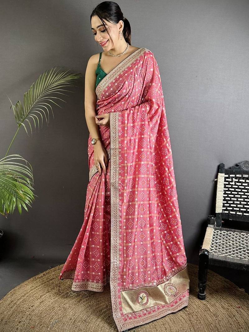 Pink bandhani zari silk blend handloom bandhani saree