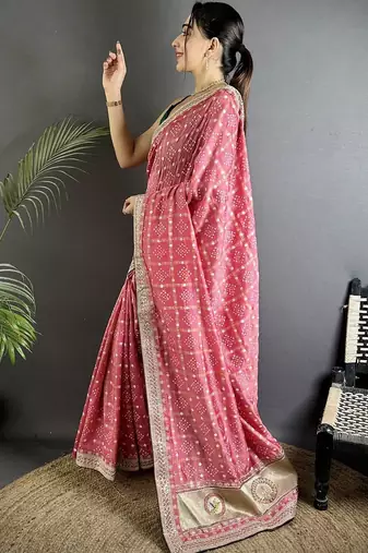 Pink bandhani zari silk blend handloom bandhani saree