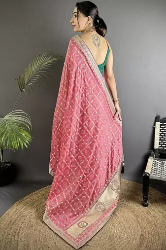 Pink bandhani zari silk blend handloom bandhani saree