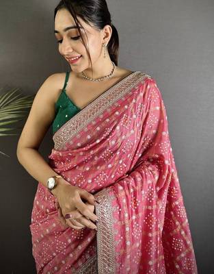 Pink bandhani zari silk blend handloom bandhani saree 4