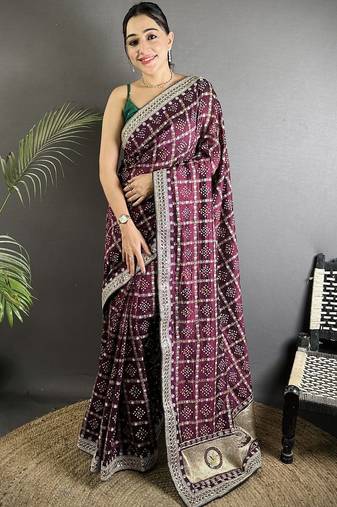 Maroon bandhani sequinned silk blend designer bandhani saree