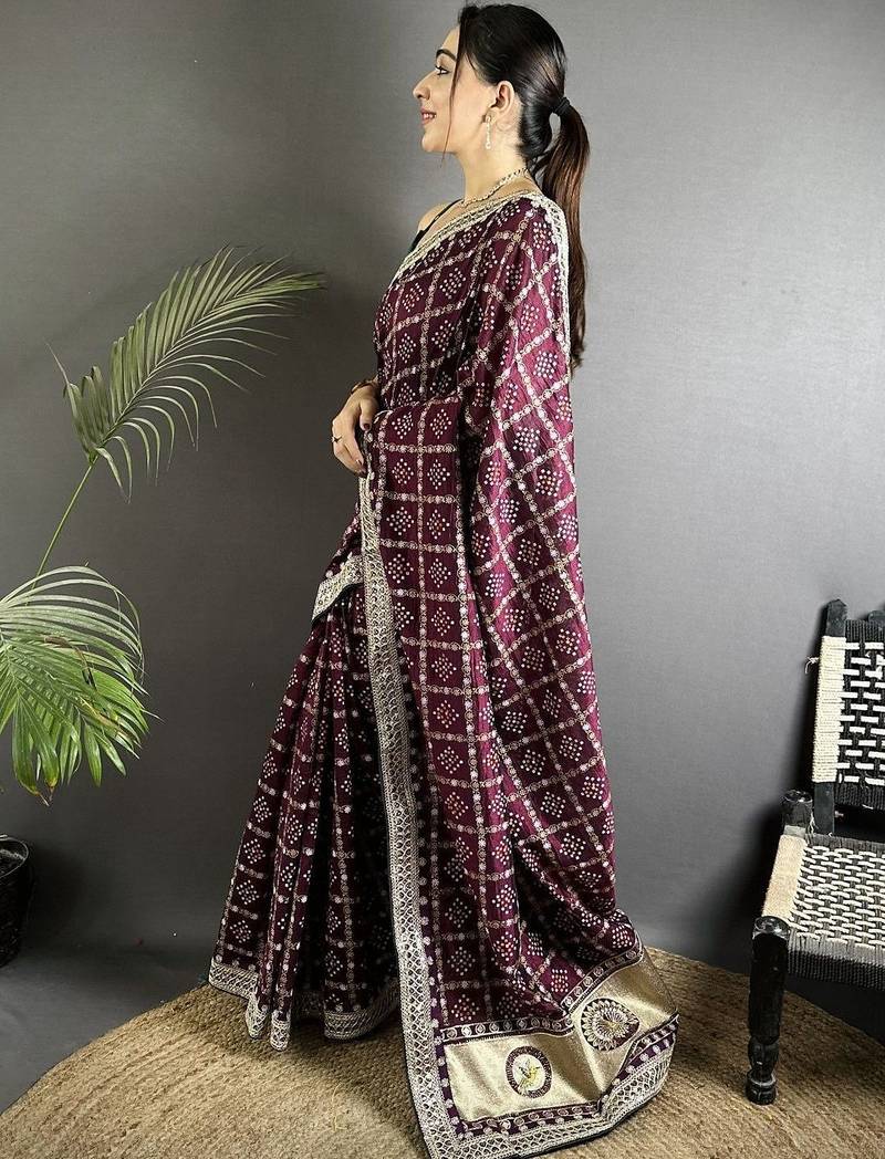 Maroon bandhani sequinned silk blend designer bandhani saree