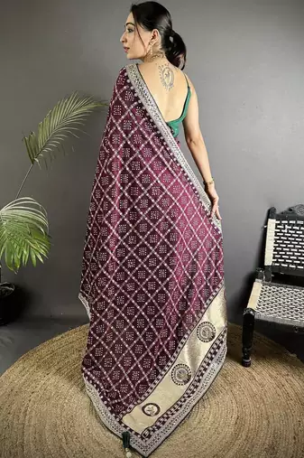 Maroon bandhani sequinned silk blend designer bandhani saree