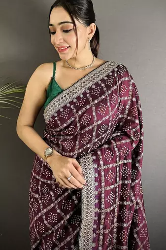 Maroon bandhani sequinned silk blend designer bandhani saree
