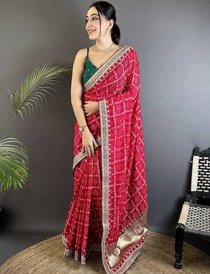 Red bandhani zari silk blend bandhani saree 1