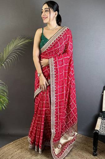 Red bandhani zari silk blend bandhani saree