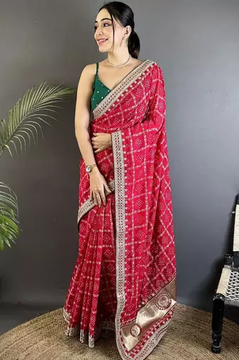 Red bandhani zari silk blend bandhani saree