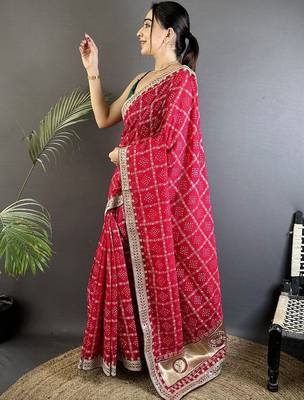 Red bandhani zari silk blend bandhani saree 2