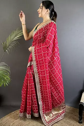 Red bandhani zari silk blend bandhani saree