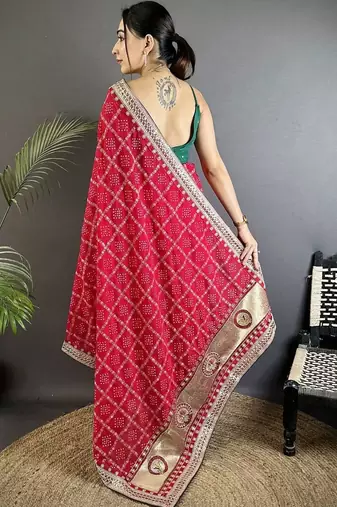 Red bandhani zari silk blend bandhani saree