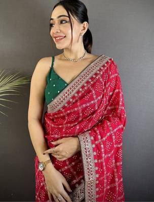 Red bandhani zari silk blend bandhani saree 4