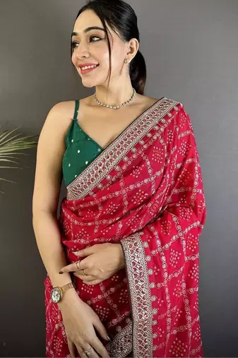 Red bandhani zari silk blend bandhani saree