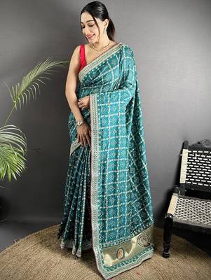 Teal woven design zari silk blend handloom bandhani saree 1