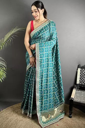 Teal woven design zari silk blend handloom bandhani saree