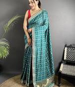 Teal woven design zari silk blend handloom bandhani saree